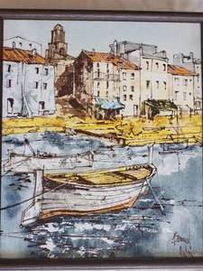 lot 14 image: Bernard Duflour Oil Scene Mediterranean Harbor Dingy