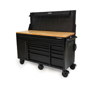 lot 24 image: Husky 61 in. W x 26 in. D Heavy Duty 10-Drawer 1-Door Mobile Workbench with Hardwood Top, Pegboard and Shelf in Matte Black Missing One Wheel