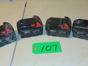 lot 107 image: 4 Pack Lot - Milwaukee Rechargeable Batteries - M18 - Charged and Tested