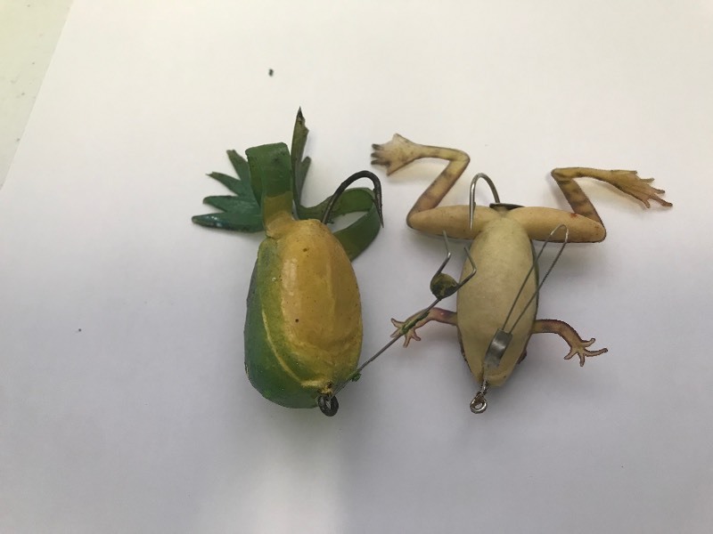 2 - Vintage rubber frog fishing lures, Give Me A Bidd Consignment Auction  W/ Race cars, coca-cola machine , vintage tupperware, sports cards.
