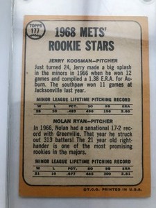 lot 3 image: Nolan Ryan  Jerry Koosman 1968 Topps Baseball card #177 RC Rookie Card