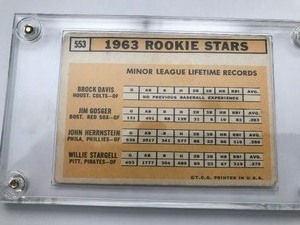 lot 4 image: 1963 Topps Rookie Stars baseball card Willie Stargell, Brock Davis, Jim Gosger, John Herrnstein  Card number 553