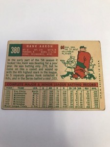 lot 196 image: 1959 - Topps Hank Aaron baseball card  Milwaukee Braves  Outfield  #380