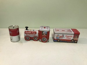 lot 335 image: 2 Campbell collectible tins and 1 tin coin bank