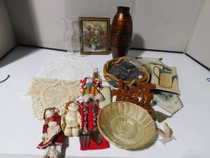 lot 209 image: Metal vase, doilies, dolls and more