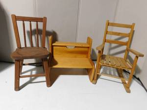 lot 216 image: Childs rocker and chair znd step stool