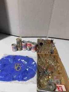 lot 266 image: Vintage beer cans, 2 flats of shot glasses, seagrams bag