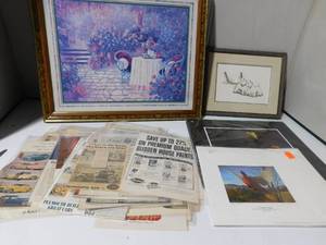 lot 297 image: Vintage advertisement,Ken norlien print and other pictures w frames