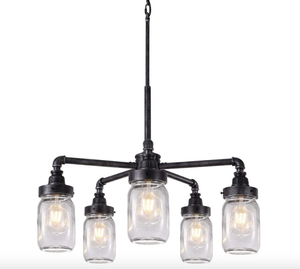lot 287 image: Tochic Farmhouse Chandelier Glass Mason Jar Adjustable, 5-Lights Dining Room Lighting (1 GLASS PIECE MISSING)