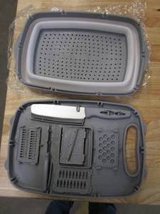 lot 331 image: Camping Cutting Board, HI NINGER Collapsible Chopping Board with Colander in Gray (OPEN BOX)