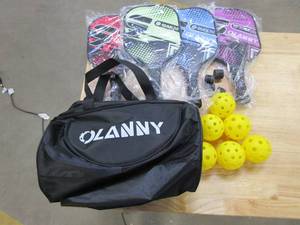 lot 419 image: OLANNY Graphite Pickleball Paddles 4 Pack - Premium Rackets Fiber Face & Polymer Honeycomb Core Pickleball Set Includes 4 Pickleball Paddles  Pickleball Balls 4 Replacement Soft Grip  1 Bag