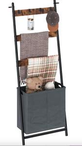 lot 451 image: Rolanstar 3-Tier Wall-Leaning Ladder Shelf with Storage Basket & 4 Hanging Hooks (OPEN BOX)