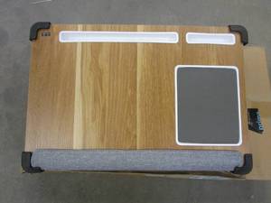 lot 443 image: HUANUO Lap Desk - Fits up to 17 inches Laptop Desk, Built in Mouse Pad & Wrist Pad for Notebook, Laptop, Tablet, Laptop Stand with Tablet, Pen & Phone Holder (Wood Grain) (OPEN BOX)