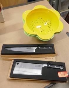 lot 64 image: New Chef Knife and Cleaver and 3 Collanders