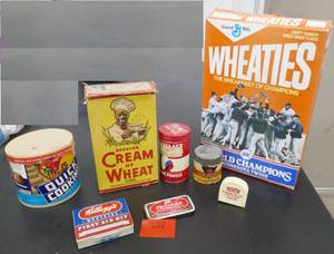 lot 102 image: Group of old collectible empty tins and boxes and a tape measure