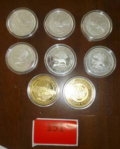 lot 151 image: 6 Silver Plated whitetail deer collector coins and two 24k gold plated Corvette coins
