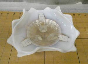 lot 173 image: VTG WHITE MILK GLASS and CLEAR  3 Footed Art Deco Candy Dish Bowl UNIQUE