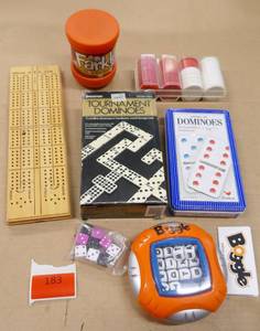 lot 183 image: Lot of games - Dominoes, Boggle, Farkle, Cribbage, Dice