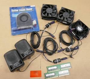 lot 196 image: Computer items, 4 new fans, 3 new usb cables, Sony speakers, sticks of ram and 2 laptop wwan cards