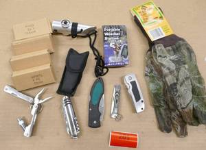 lot 201 image: Lot of knives and multi tools, weather station and camo mosquito gloves