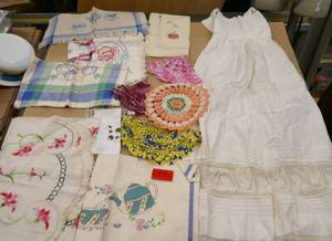 lot 203 image: Vintage christening gown, doilies, hand towels, runner