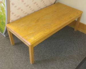 lot 217 image: Wood Coffee table 48x23 (does have a crack on the top) and 2 wood end tables (not particle board stuff)