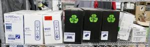 lot 258 image: Shelf full of 8 new toner cartridges for HP printers and 3 boxes of Canon staples for copiers