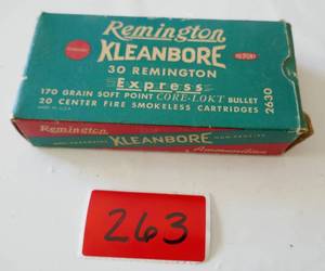 lot 263 image: Vintage Remington Kleanbore 30 cal box with 10 shells