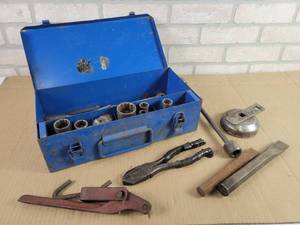 lot 631 image: OTC Sockets, Chain Binder, Chisels and More in Steel Box