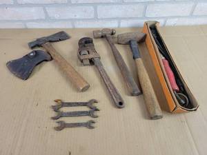 lot 651 image: Pipe Wrench, Hammer, Hatchet, Soldering Iron, (2) FORD Wrenches and More