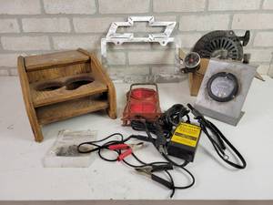 lot 671 image: STEARNS Battery Charger & Maintainer, Aluminum Chevy License Plate Frame, Wood Cup Holder and More