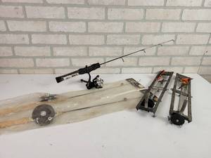 lot 690 image: (2) New 28 Ice Fishing Jig Poles, Ugly Ice Reel and Pole and (2) POLAR Tip Ups - NO SHIPPING