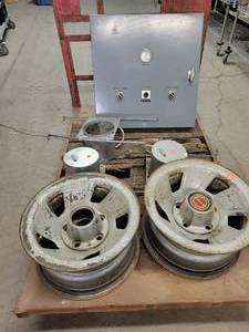 lot 694 image: Electrical Cabinet (24x24x6), (3) Recessed Can Lights and (2) 15 5-Bolt Steel Rims - NO SHIPPING