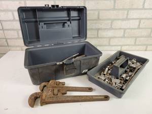 lot 713 image: Toolbox w Sockets, (2) RIDGID Pipe Wrenches and More