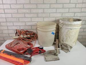 lot 753 image: Foot Tire Pump, Concrete Tools, Trouble Lights and More - NO SHIPPING