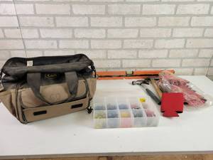 lot 759 image: Organizer w Solderless Connectors, Hammers, Level, Can Coolers and More
