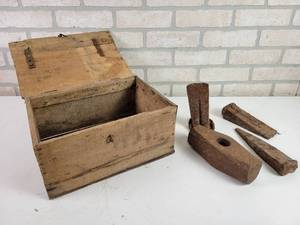 lot 768 image: Lot of Splitting Wedges, Maul Head and Wood Box