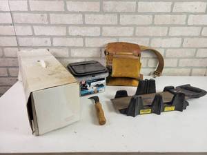 lot 778 image: 10LB 2 Roofing Nails, Tool Pouch, Miter Box and GripMaster Clamp - NO SHIPPING