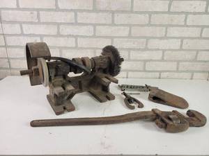 lot 783 image: Belt Driven Grinder, STILLSON Pipe Wrench, Forged Axe Head and Flaring Tool - NO SHIPPING
