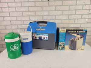 lot 854 image: Playmate Cooler, Travel Cooler and (2) Water Coolers - NO SHIPPING
