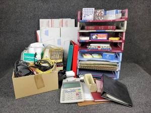 lot 632 image: Large Assortment of Office Supplies - Letter Trays, Hanging File Folders, Sharp Calculator, Misc. Cords, Post-it Notes, and MORE NO SHIPPING