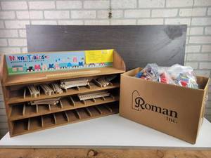 lot 514 image: NAME TRAINS Wooden Railway System Display and Inventory - (200) Letter Train Cars and (22) Pieces of Wood Track