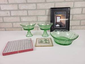 lot 520 image: Green Glass Bowls, Framed Stamps, Picture and Pack of Ornaments