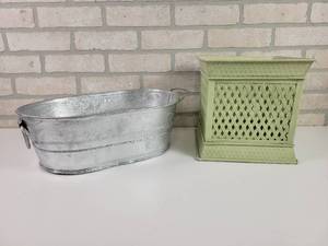 lot 523 image: Decorative Galvanized Tub (15 x 9 x 5) and Green Metal Planter (9 x 9 x 9)