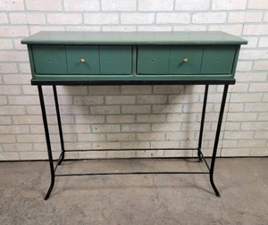 lot 508 image: Wood TableDrawer on Black Metal Stand - NO SHIPPING