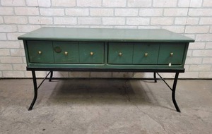 lot 509 image: Wood TableDrawer on Black Metal Stand - NO SHIPPING