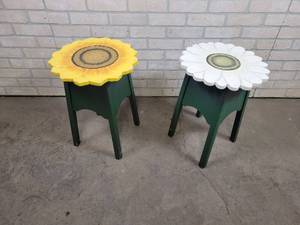 lot 606 image: Sunflower and Daisy Wood Painted Stools - Approx. 14 Diameter x 19 Tall - NO SHIPPING