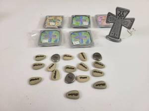 lot 747 image: Metal religious Magnets, Cross and Inspirational Stones