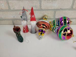 lot 860 image: (3) Glass Pacific Rim Christmas Ornaments, (2) Gnomes and a Boot
