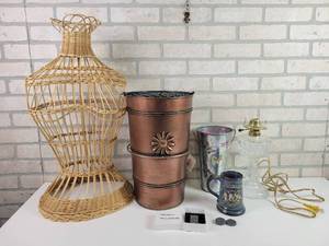 lot 883 image: Wicker Dress Form (25 Tall), Decorative Buckets, Money Clip, Pocket tokens, Lamp and More - NO SHIPPING